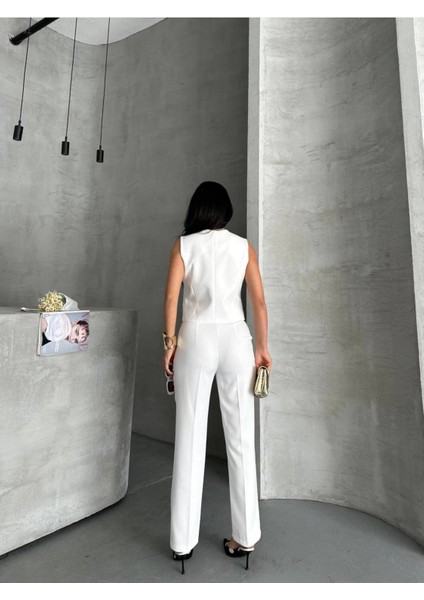 Kadın Alt Üst Takım Şık Taş Düğme Detaylı Premium Yelek Pantolon Ikili Takım Elbise