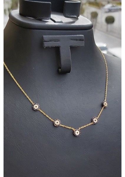 925 Ayar Gümüş 24 Ayar Altın Kaplama 5 Nazar Boncuklu Kolye