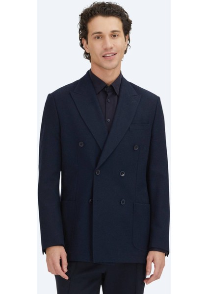 Lacivert Düz Modern Fit Yün Karışımlı Ceket