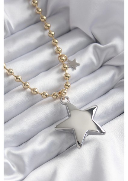 Bfs Pirinç Gold Renk Topçuk Zincir Gümüş 3D Yıldız Model Yıldız Detay Vip Kadın Kolye