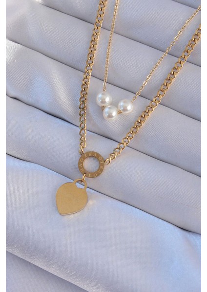 Bfs 316L Çelik Gold Renk Çift Zincir Inci Detayı Love Kalp Kolye
