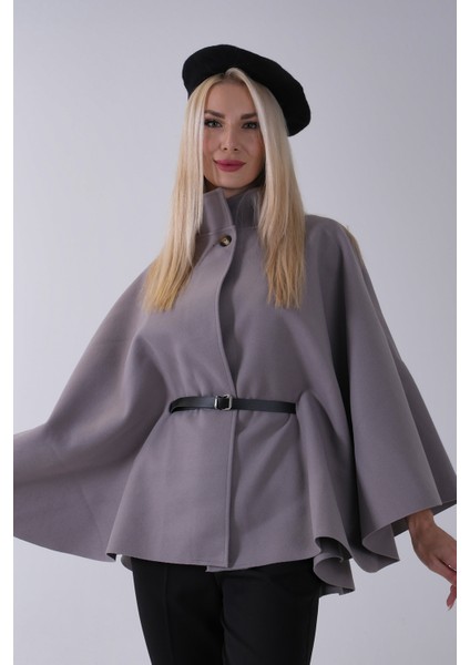 Gri Önü Tek Düğme Kapamalı Kemer Detaylı Panço 47122713.06