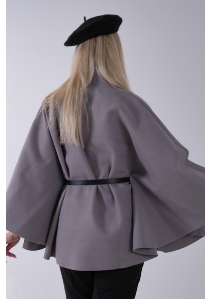 Gri Önü Tek Düğme Kapamalı Kemer Detaylı Panço 47122713.06