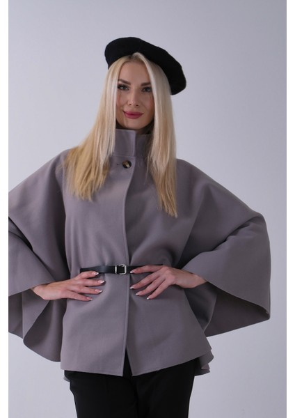 Gri Önü Tek Düğme Kapamalı Kemer Detaylı Panço 47122713.06