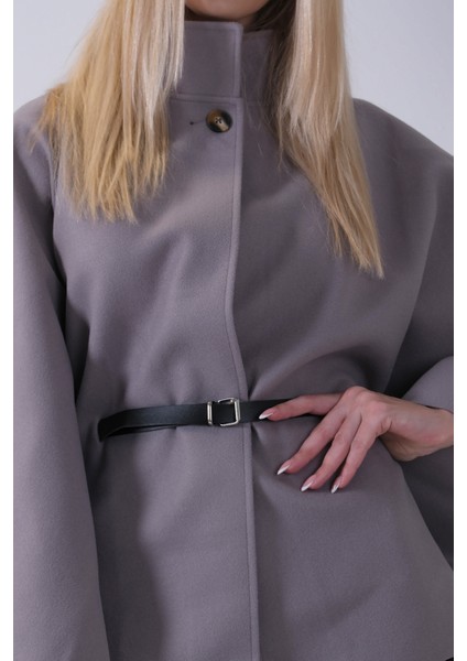 Gri Önü Tek Düğme Kapamalı Kemer Detaylı Panço 47122713.06