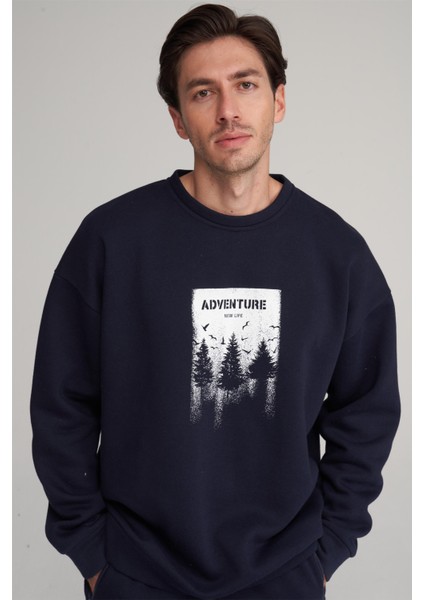 Çetinkaya Mentality 3970 3 Iplik Bisiklet Yaka Baskılı Koyu Gri Sweatshirt