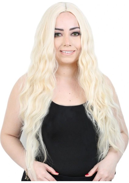 Su Dalgası Uzun Perçemsiz Fiber Sentetik Peruk - Platin