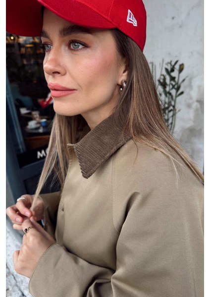 Haki Kadife Yakalı Fermuarlı Oversize Kapitone Gabardin Ceket fiyatları