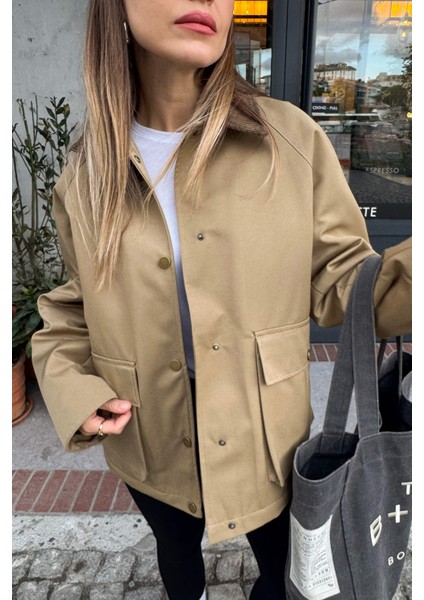 Haki Kadife Yakalı Fermuarlı Oversize Kapitone Gabardin Ceket fırsatları