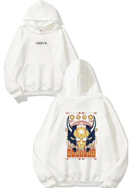 Demon Skull Tasarım Baskılı Oversize Beyaz Kapüşonlu Sweatshirt
