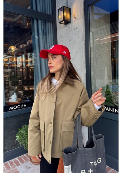 Haki Kadife Yakalı Fermuarlı Oversize Kapitone Gabardin Ceket indirimleri