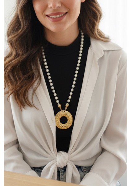 Pınkmark Kadın Gold Halka Detaylı Ekru 65CM Uzunluk Inci Kolye PMKLY25513 fırsatları