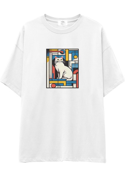 Bauhaus Cat Oversize Tişört - Beyaz