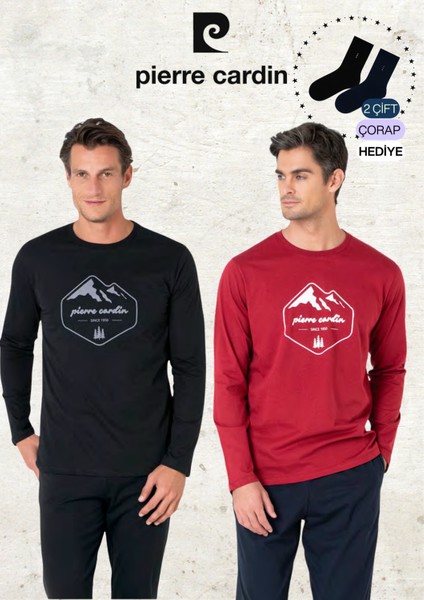 Erkek %100 Pamuk Uzun Kollu Desenli Bordo & Siyah Iki Adet Pijama Takımı L1.PC.6097.002