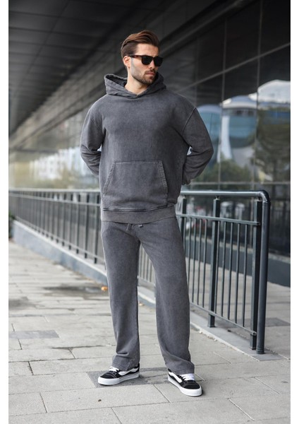 Siyah Kanguru Cep Kapüşonlu Erkek Eşofman Takımı E7341