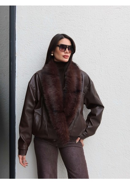 Kürk Yaka Bel Lastikli Deri Ceket