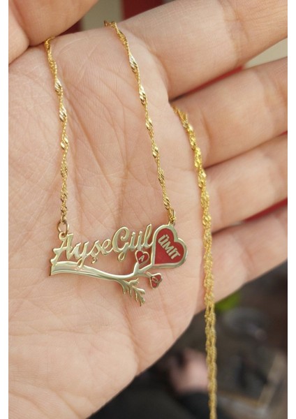 925 Ayar Gümüş 24 Ayar Altın Kaplama Isimli Kalpli Kolye