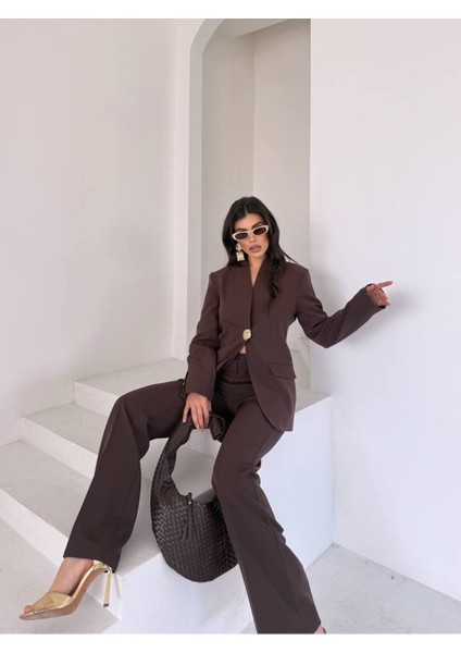 Kadın Gold Kurabiye Düğmeli Blazer Ceket Palazzo Pantolon Takım Elbise