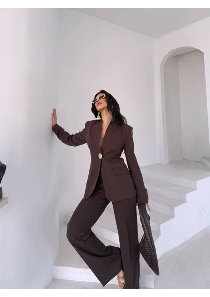 Kadın Gold Kurabiye Düğmeli Blazer Ceket Palazzo Pantolon Takım Elbise fiyatları