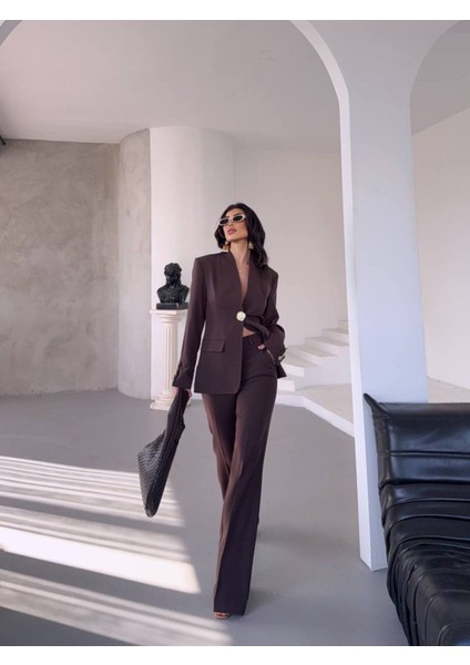 Kadın Gold Kurabiye Düğmeli Blazer Ceket Palazzo Pantolon Takım Elbise modelleri