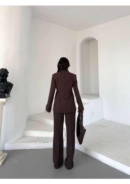 Kadın Gold Kurabiye Düğmeli Blazer Ceket Palazzo Pantolon Takım Elbise