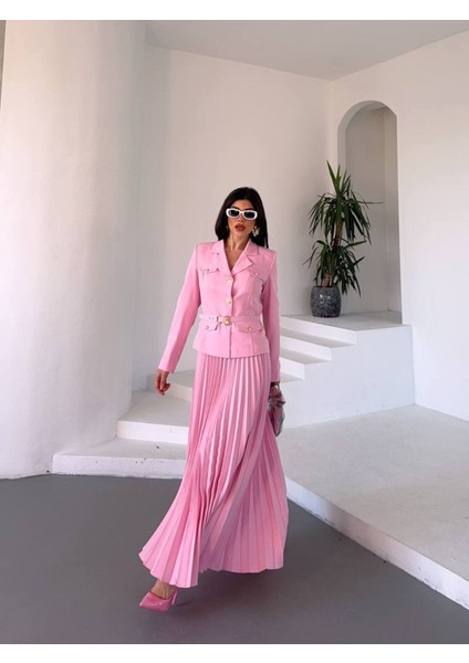 Kadın Kemerli Gold Düğmeli Premium Ceket Pileli Uzun Etek Takım Elbise fiyatları