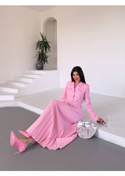 Kadın Kemerli Gold Düğmeli Premium Ceket Pileli Uzun Etek Takım Elbise fırsatları