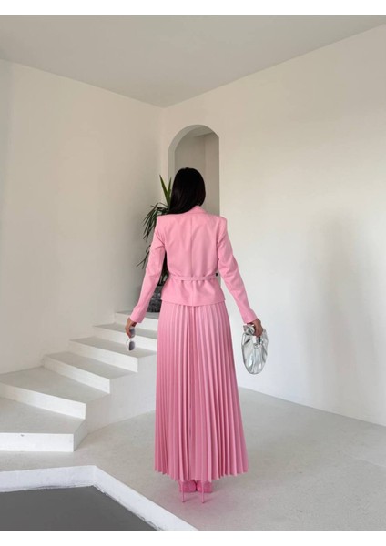 Kadın Kemerli Gold Düğmeli Premium Ceket Pileli Uzun Etek Takım Elbise indirimleri