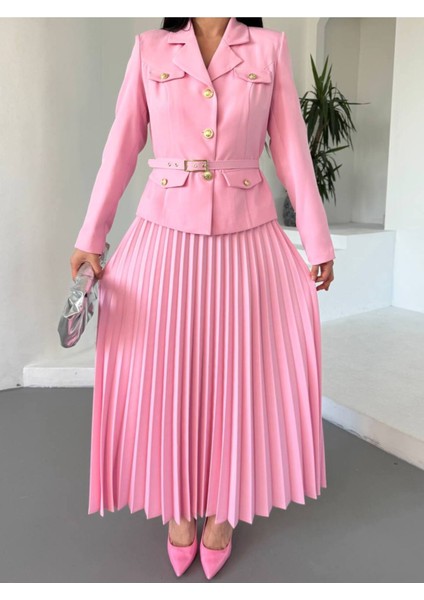 Kadın Kemerli Gold Düğmeli Premium Ceket Pileli Uzun Etek Takım Elbise