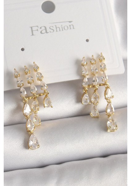 Bfs Pirinç Gold Renk Zirkon Taşlı Yağmur Model Kadın Küpe