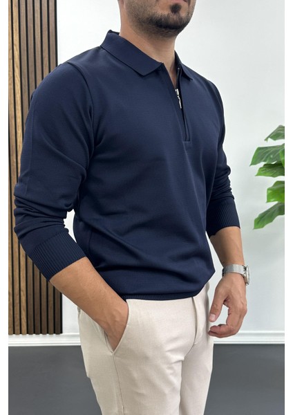 Erkek Yarım Fermuarlı Düz Desen Polo Yaka Kazak Lacivert EDW424 fiyatları