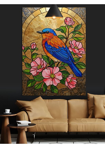 Mavi Kuş ve Pembe Çiçekler Dekoratif Kanvas - Mdf Ahşap Tablo
