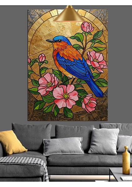 Mavi Kuş ve Pembe Çiçekler Dekoratif Kanvas - Mdf Ahşap Tablo fiyatları
