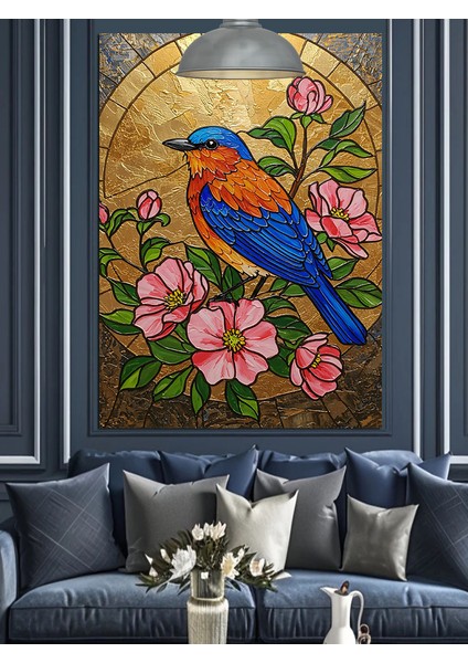 Mavi Kuş ve Pembe Çiçekler Dekoratif Kanvas - Mdf Ahşap Tablo modelleri