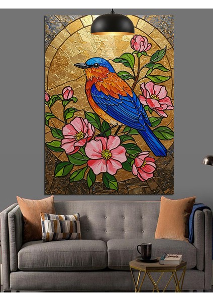 Mavi Kuş ve Pembe Çiçekler Dekoratif Kanvas - Mdf Ahşap Tablo fırsatları