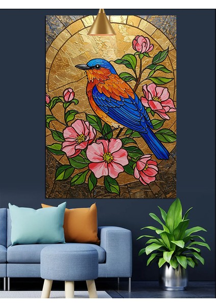 Mavi Kuş ve Pembe Çiçekler Dekoratif Kanvas - Mdf Ahşap Tablo indirimleri