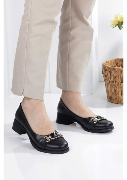 Leopar Desenlı Taş Detaylı Toka Kadın Topuklu Babet