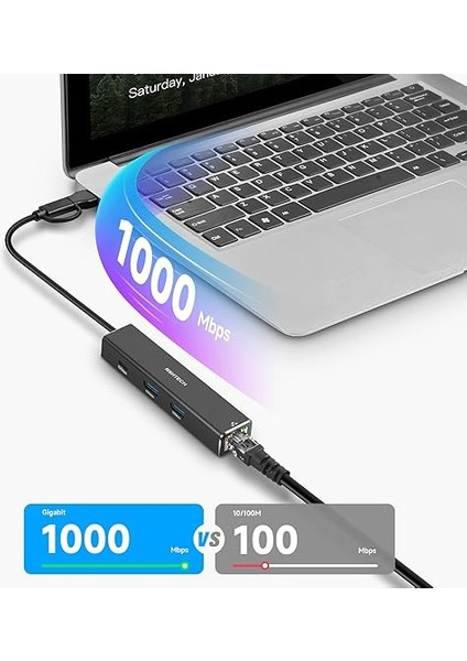 USB 3.2 Hub Lan Adaptörü 1000MBPS, USB 3.1 Hub Gen2, 3* 10GBPS Bağlantı Noktası (2* Tip-A ve 1* Tip-C) ve RJ45 Gigabit Ethernet Ağ Adaptörü, Alüminyum Ethernet Hub ve USB 3.0/2.0 Uyumlu, RSH-ST310 fırsatları