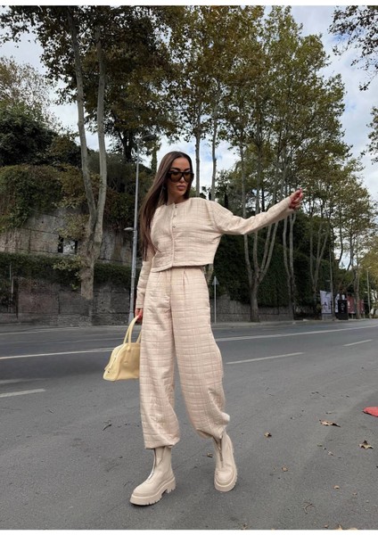 Kadın Kapitone Dokulu Oversize Ceket Pantolon Takım