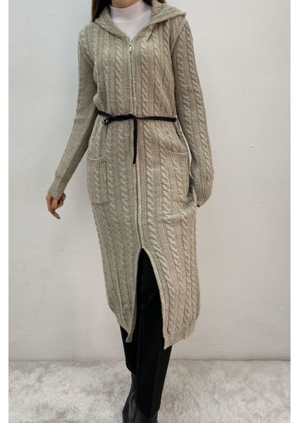 Bayan Uzun Kapşonlu Saç Örgü Ceket