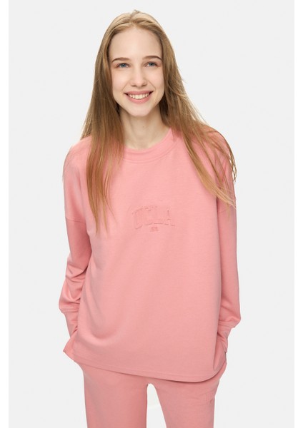 Elowen Pembe Bisiklet Yaka Gofre Baskı Loose Fit Kadın Sweatshirt