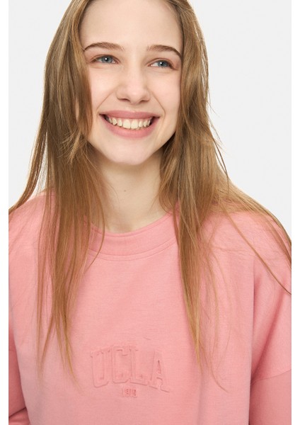 Elowen Pembe Bisiklet Yaka Gofre Baskı Loose Fit Kadın Sweatshirt fiyatları