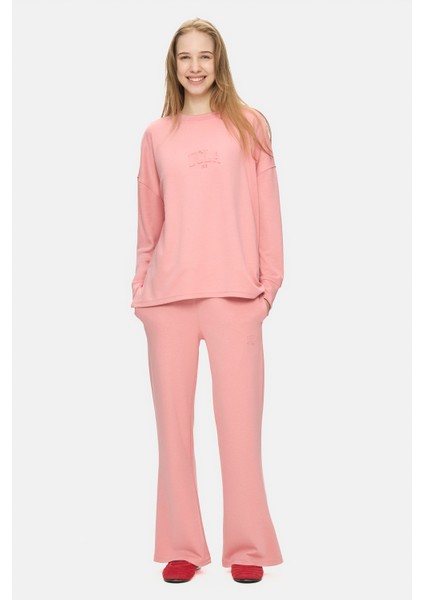 Elowen Pembe Bisiklet Yaka Gofre Baskı Loose Fit Kadın Sweatshirt modelleri