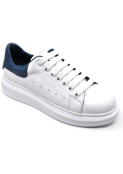 Hakiki Deri Erkek Sneaker Ayakkabı Beyaz Mavi 9838
