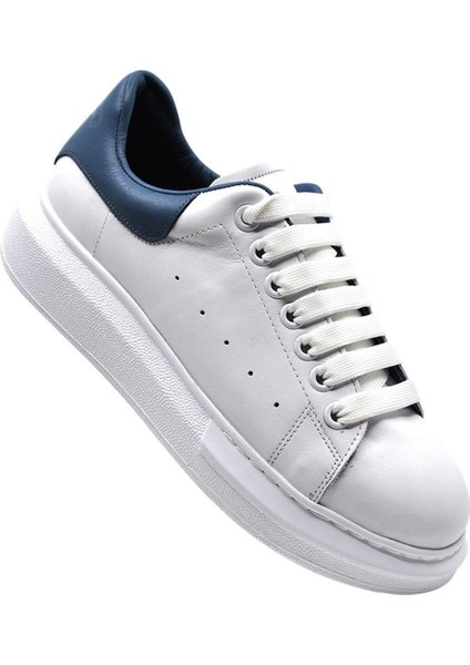 Hakiki Deri Erkek Sneaker Ayakkabı Beyaz Mavi 9838