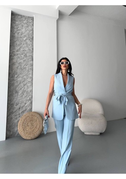 Kadın Şal Yaka Kuşaklı Yelekli Palazzo Pantolonlu Takım Elbise fiyatları