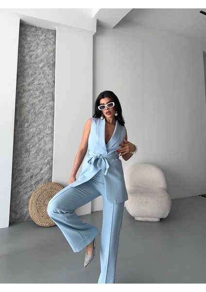 Kadın Şal Yaka Kuşaklı Yelekli Palazzo Pantolonlu Takım Elbise modelleri