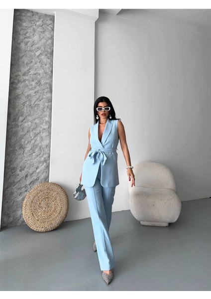 Kadın Şal Yaka Kuşaklı Yelekli Palazzo Pantolonlu Takım Elbise fırsatları