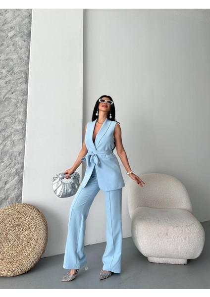 Kadın Şal Yaka Kuşaklı Yelekli Palazzo Pantolonlu Takım Elbise indirimleri