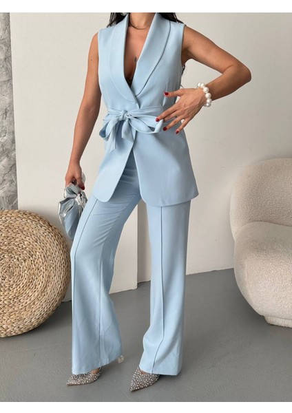 Kadın Şal Yaka Kuşaklı Yelekli Palazzo Pantolonlu Takım Elbise